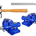 Essential Hardware Tools Including Ball Peen Hammer Steel Ruler And Blue Bench Vices