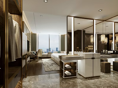Modern Hotel Guest Room With Large Windows City View Wooden Accents And Marble Vanity 3d model
