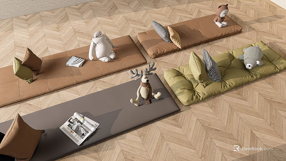 Colorful Tatami Mats With Stuffed Toys Cushions And Magazines On Herringbone Wooden Floor 3d model 