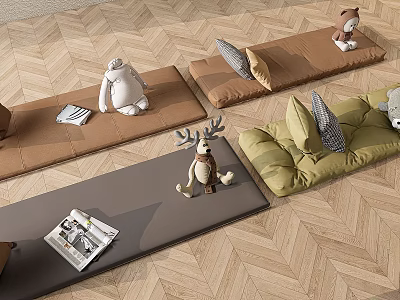 Colorful Tatami Mats With Stuffed Toys Cushions And Magazines On Herringbone Wooden Floor 3d model
