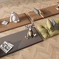 Colorful Tatami Mats With Stuffed Toys Cushions And Magazines On Herringbone Wooden Floor