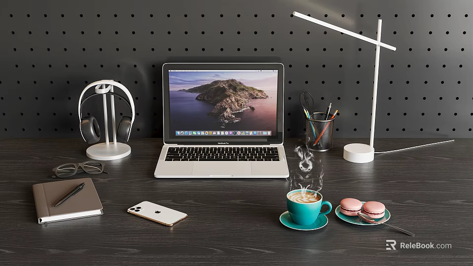 Modern Laptop On Dark Wooden Desk With Headphones Smartphone Coffee Cup Macarons And Desk Lamp 3d model 