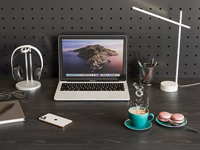 Modern Laptop On Dark Wooden Desk With Headphones Smartphone Coffee Cup Macarons And Desk Lamp 3d model