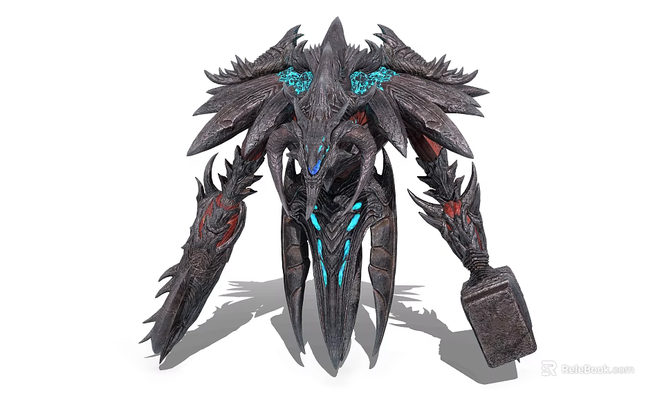 Game Movie Character With Dark Armor Blue Glowing Parts And Huge Wings 3d model 