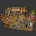 Colorful Cartoon Scene with Small Wooden House Orange Trees and Wooden Bridge Path