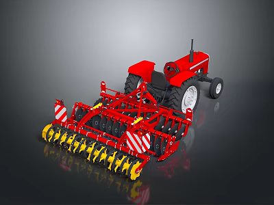 Red Tractor With Front Agricultural Machinery And Yellow Components On Dark Background 3d model