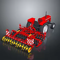Red Tractor With Front Agricultural Machinery And Yellow Components On Dark Background