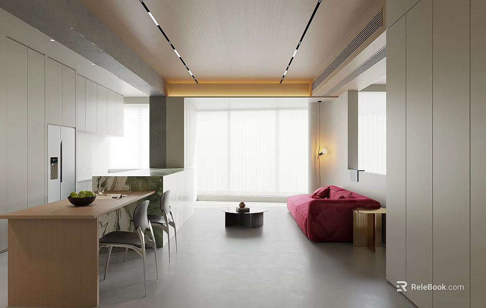 Modern Open Plan Living Dining Room Interior With Wooden Table Sofa And Natural Light 3d model 