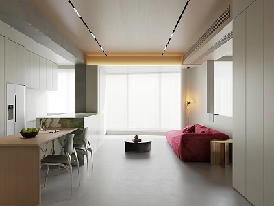 Modern Open Plan Living Dining Room Interior With Wooden Table Sofa And Natural Light 3d model