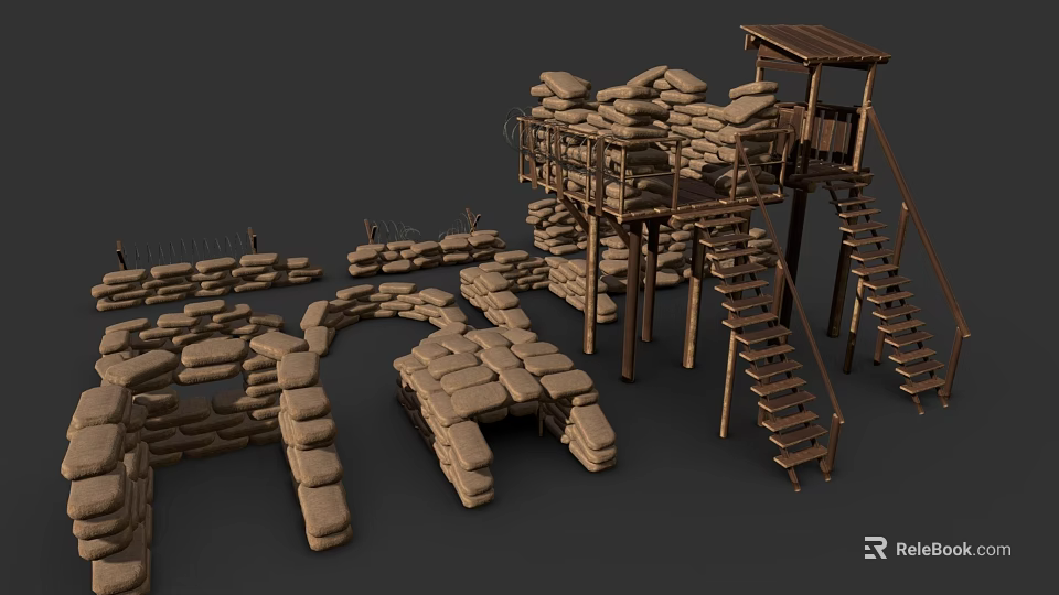 Tactical Military Defense Building Components With Sandbags Wooden Ladders And Watchtower Structures 3d model 