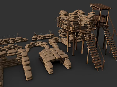 Modern Tree House Trench Watchtower Sandbag 3d model