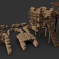 Tactical Military Defense Building Components With Sandbags Wooden Ladders And Watchtower Structures