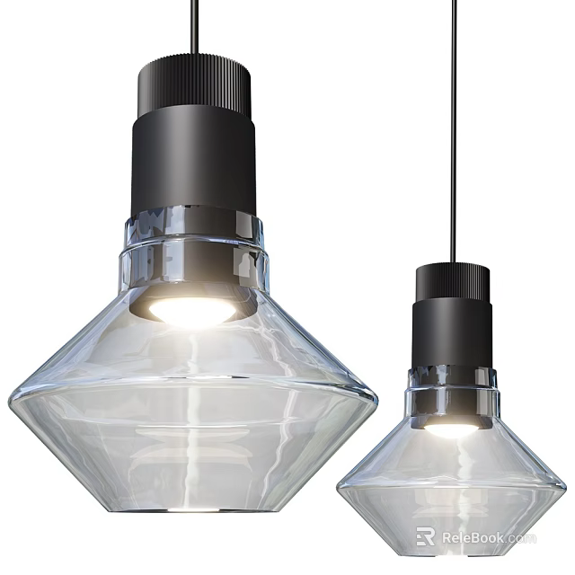 Modern Pendant Lights With Transparent Glass Shade Black Top And Glowing Bulb Design 3d model 