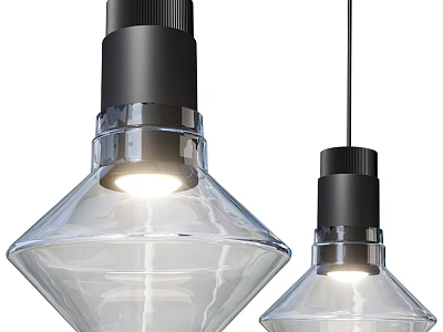 Modern Pendant Lights With Transparent Glass Shade Black Top And Glowing Bulb Design 3d model