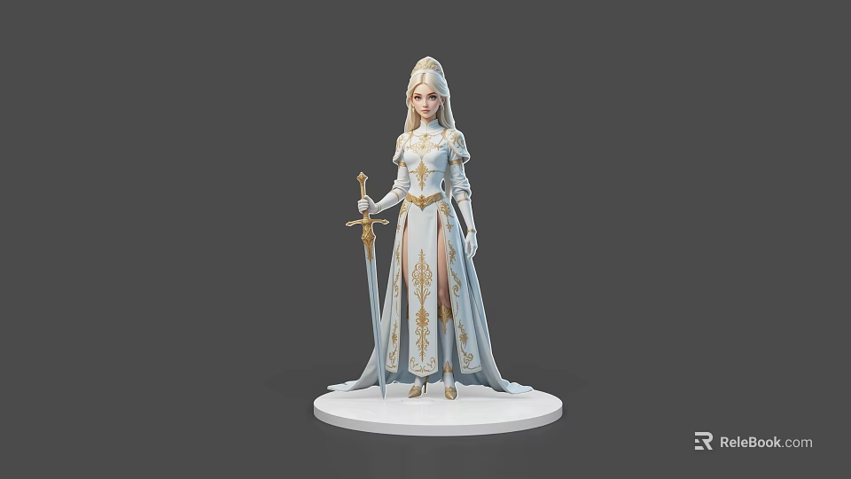 Female Game and Movie Character in White Robe with Gold Accents Holding Sword 3d model 