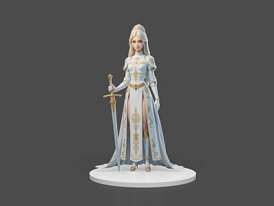 Female Game and Movie Character in White Robe with Gold Accents Holding Sword 3d model