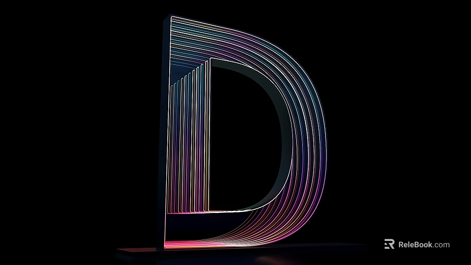 Illuminated 3D Letter D Art With Colorful Multi Layered Lines On Black Background 3d model 