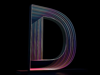 Illuminated 3D Letter D Art With Colorful Multi Layered Lines On Black Background 3d model