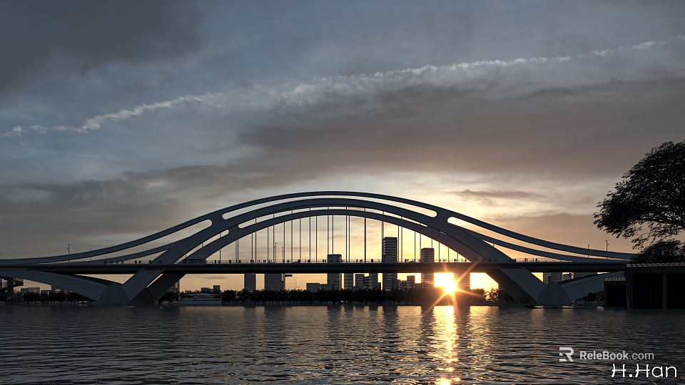 Modern Bridge Sunset View With Sun Behind Distant City Skyline And Water Reflection 3d model 