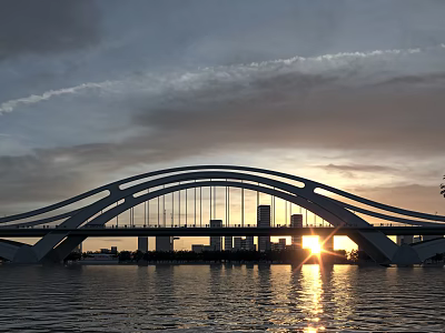 Modern Bridge Sunset View With Sun Behind Distant City Skyline And Water Reflection 3d model