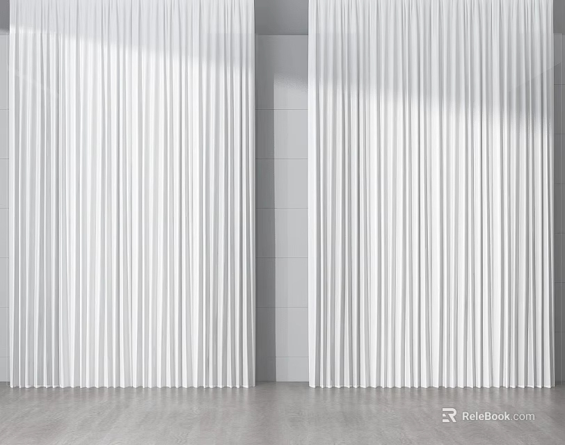 White Vertical Striped Curtains with Natural Light in Modern Minimalist Interior 3d model 