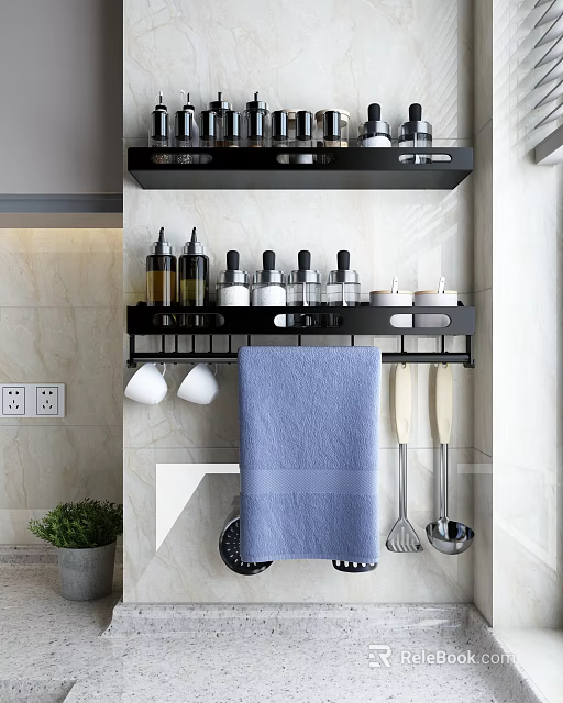 Black Bathroom Wall Mounted Storage Rack With Towel Hooks And Toiletries Bottles 3d model 