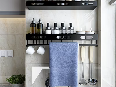 Black Bathroom Wall Mounted Storage Rack With Towel Hooks And Toiletries Bottles 3d model