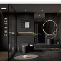 Modern Luxury Bathroom Interior With Black Marble Round Mirror Glass Shower Wooden Floor And Greenery