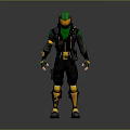 Ninja Character In Black Green And Gold Detailed Costume With Helmet