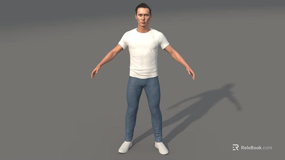 A Man Standing with Arms Outstretched in White T-shirt Blue Jeans and White Shoes 3d model 