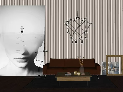 Brown Sofa And Coffee Table Set With Floor Lamp Decorative Painting And Striped Wall 3d model