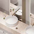 Double White Washbasins In Modern Bathroom Interior With Pink Speckled Countertop And Mirror Design