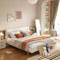 Modern Bedroom Interior with Double Bed Beige Headboard Orange Grey Pillows and Wall Art