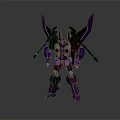 Purple and Black Transformer Toy with White Accents Mechanical Wings and Weapons in Standing Pose