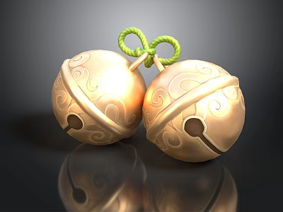 Golden Bells With Curved Patterns Tied By Green Rope On Dark Background 3d model