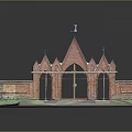 Red Brick Gothic Church Model with Spires Arches Crosses and Detailed Base Design