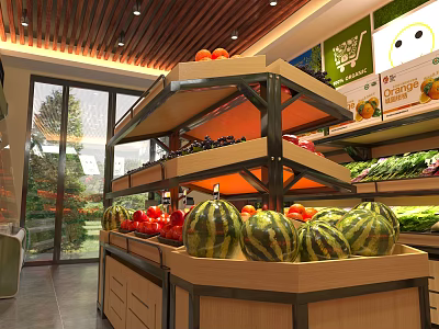 Fresh Fruits And Vegetables At Bright Fruit Store With Wooden Shelves 3d model