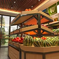 Fresh Fruits And Vegetables At Bright Fruit Store With Wooden Shelves