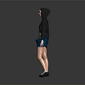A Woman Wearing Black Hoodie Blue Skirt White Socks Black Shoes On Gray Background