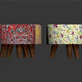 Decorative Ottoman Stools With Three Different Floral Patterns And Wooden Legs 3d model