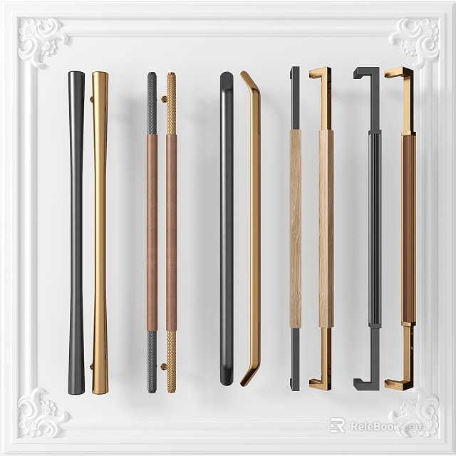 Different Styles Of Cabinet Handles In Various Colors And Materials 3d model 