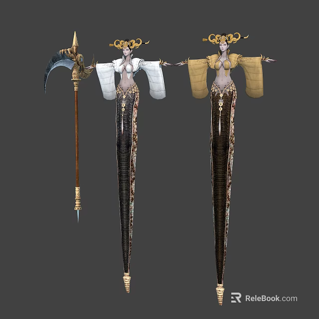 Elegant Female Characters With Serpent Bodies And Ornate White Yellow Robes Holding Golden Staff 3d model 
