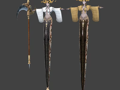 Elegant Female Characters With Serpent Bodies And Ornate White Yellow Robes Holding Golden Staff 3d model