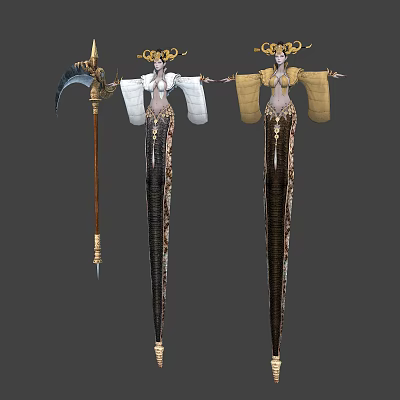 Elegant Female Characters With Serpent Bodies And Ornate White Yellow Robes Holding Golden Staff 3d model