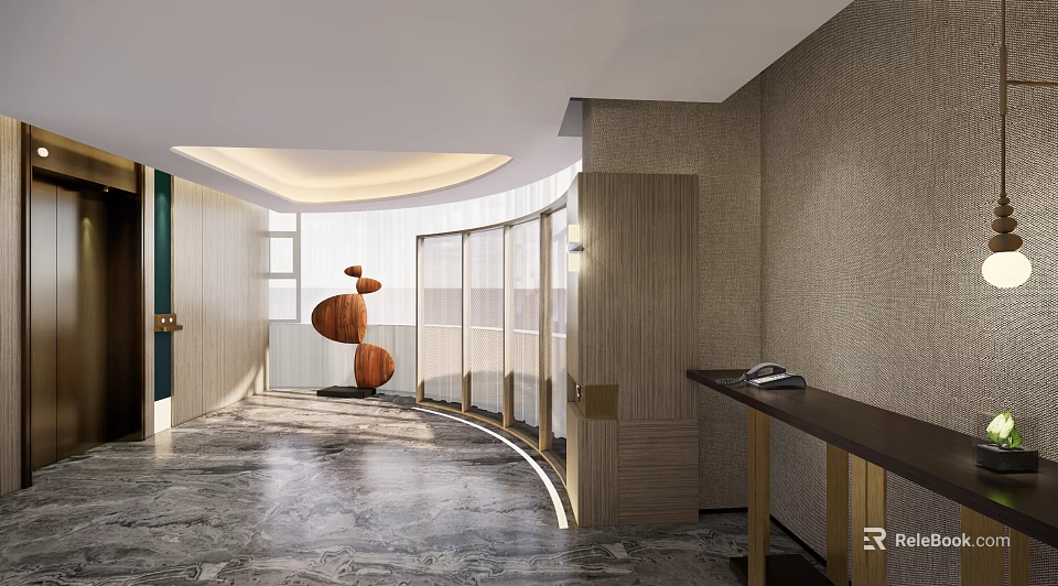 Elegant Elevator Lobby With Curved Design Marble Floor And Art Installation 3d model