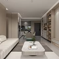 Modern Minimalist Living Dining Room With Beige Sofa Large TV And City View Through Window