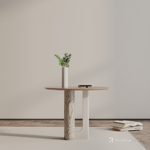 Stylish Round Top Side Table With Wood Grain Column Green Plant Vase And Books 3d model 