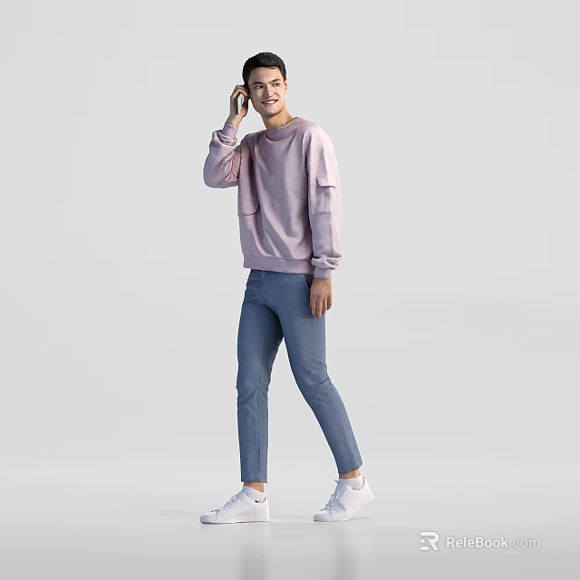 Man Wearing Pink Sweatshirt and Blue Jeans Standing Against Gray Background 3d model 