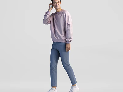 Man Wearing Pink Sweatshirt and Blue Jeans Standing Against Gray Background 3d model