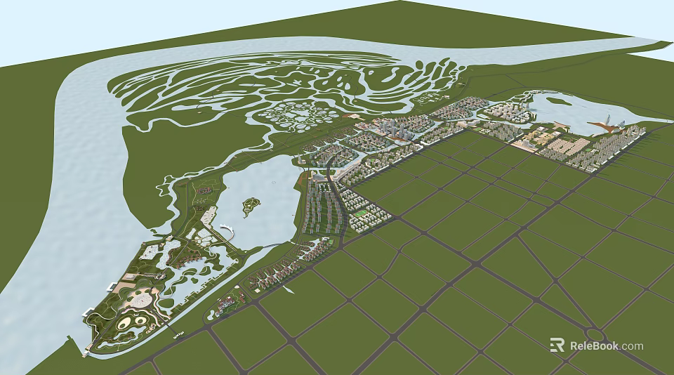 Detailed Regional Planning 3D Model With Water Bodies Green Spaces And Urban Layout 3d model 